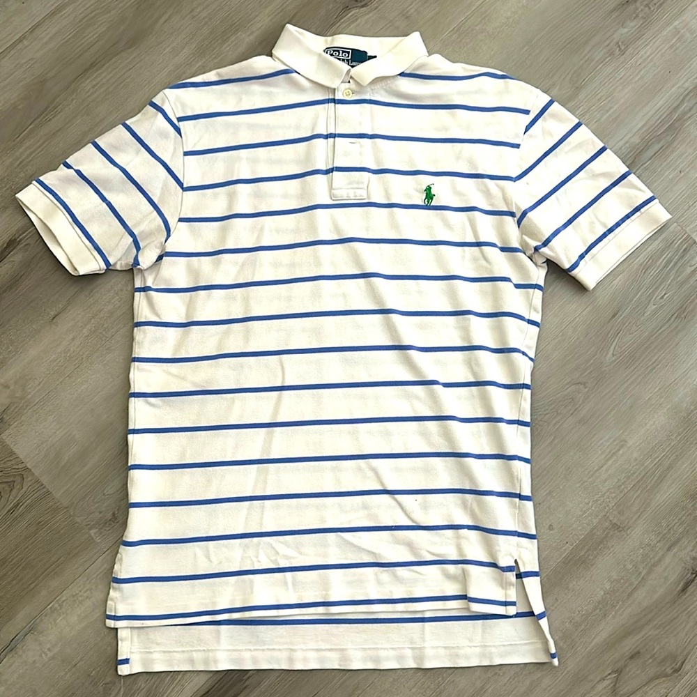 Men’s Ralph Lauren Polo - White with Blue Stripes, Size Medium